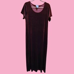 Cassini Luxurious Burgundy Maxi Dress Short Sleeves Silky Velvet Texture